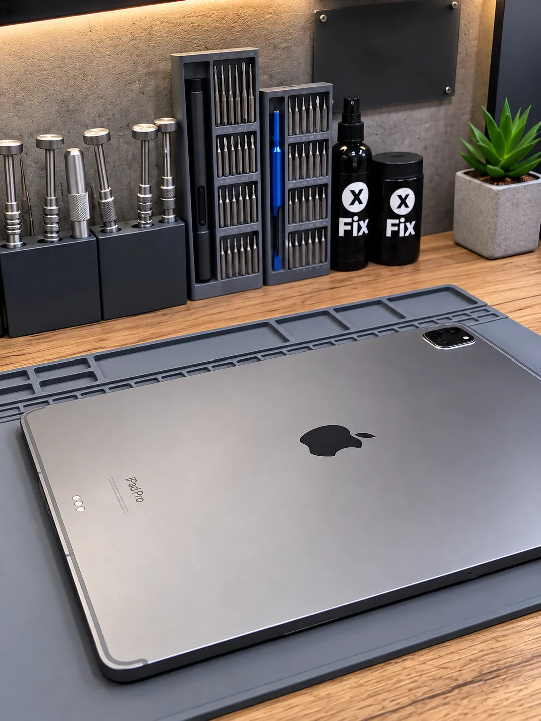 iPad Pro on an anti-static mat next to repair tools