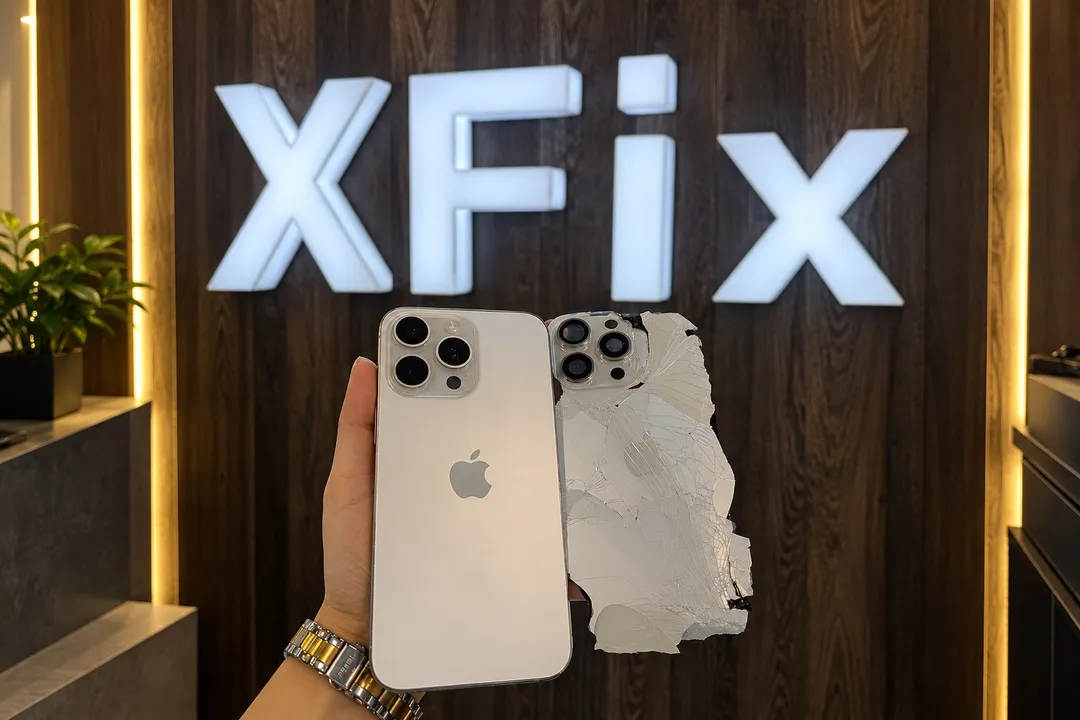 An iPhone Pro with a new back glass next to the shattered old one, in front of the lit XFix sign
