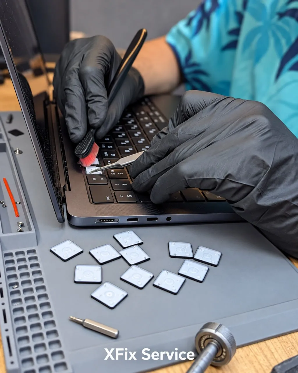 Cleaning a MacBook keyboard with a brush and tweezers, removed keys on an anti-static mat