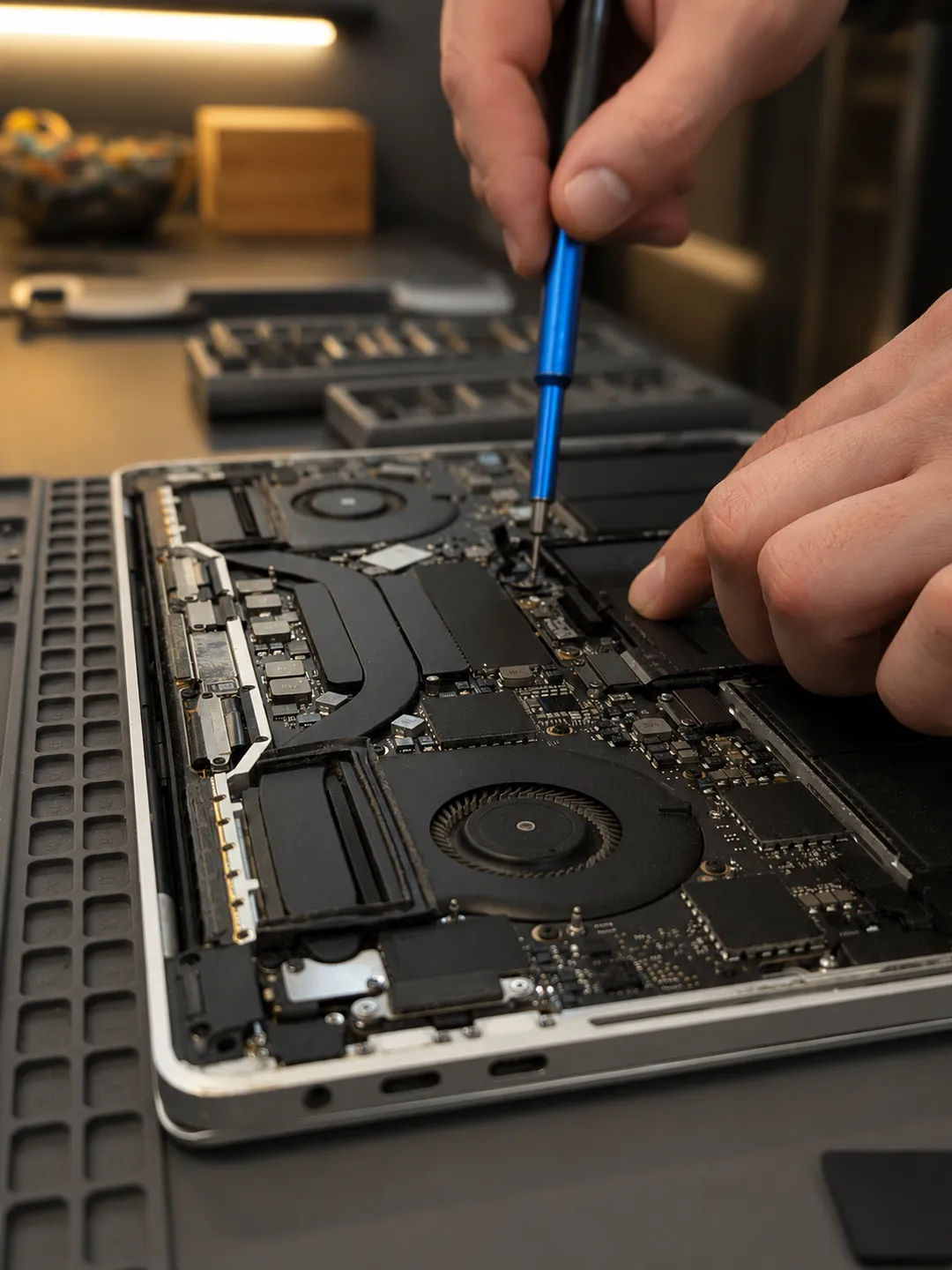 Screwdriver on the logic board of an opened MacBook Pro