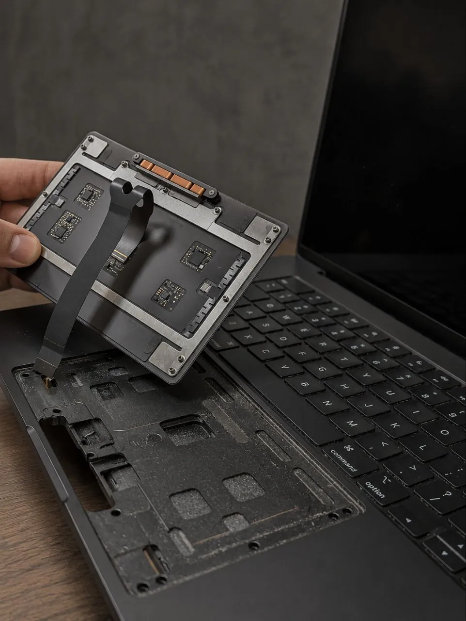 MacBook touchpad lifted out of the case